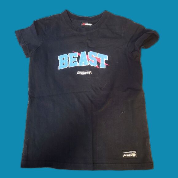 Mr. BEAST Youth Black Short Sleeve T-Shirt Raised‎ 3D Blue Fuzzy Letters Size 12 - Picture 1 of 7